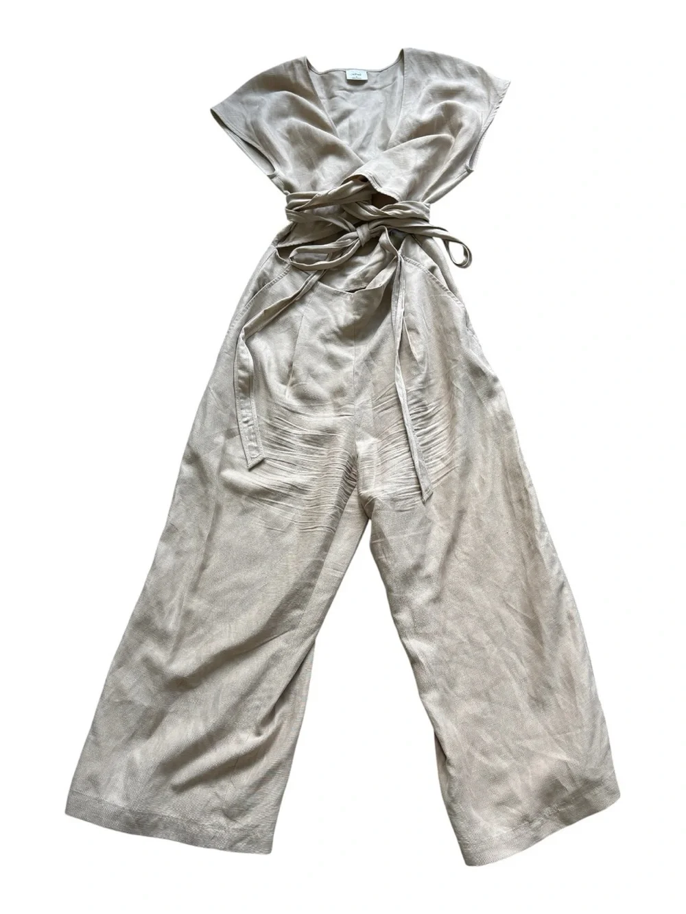 Wilfred by Aritzia Linen Wrap Jumpsuit Tie Waist Wide Leg 10 Beige Minimalist